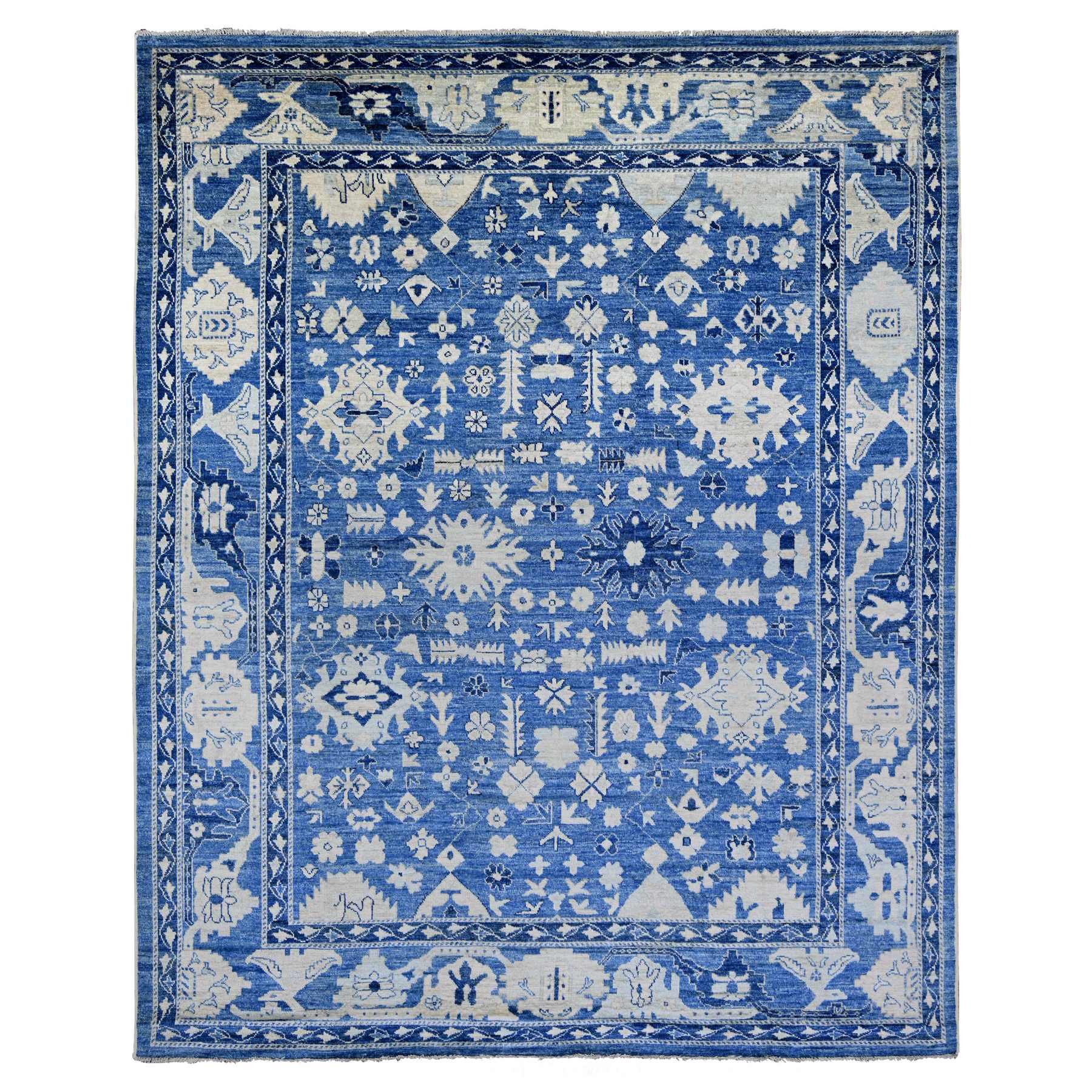 Bayern Blue, Afghan Angora Oushak with All Over Leaf Design, Hand Knotted, 100% Wool, Vegetable Dyes, Oriental Rug